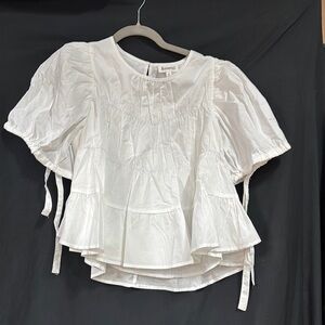 White Ruffled Puff Sleeve Blouse with Bib Collar